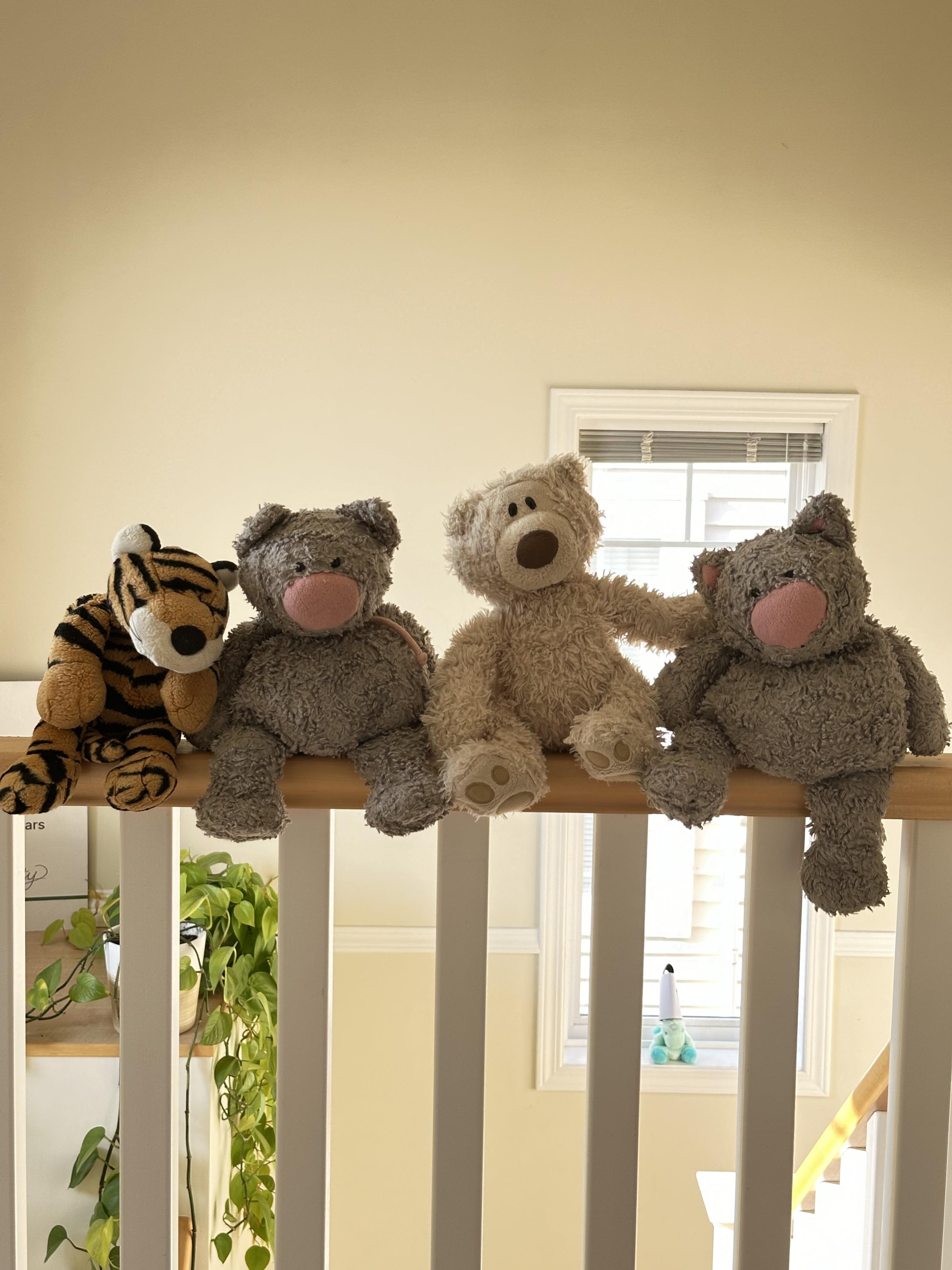 The four stuffies that became Droppe's mascots: Tiger, Jellybean, Polar, and Cody Cat